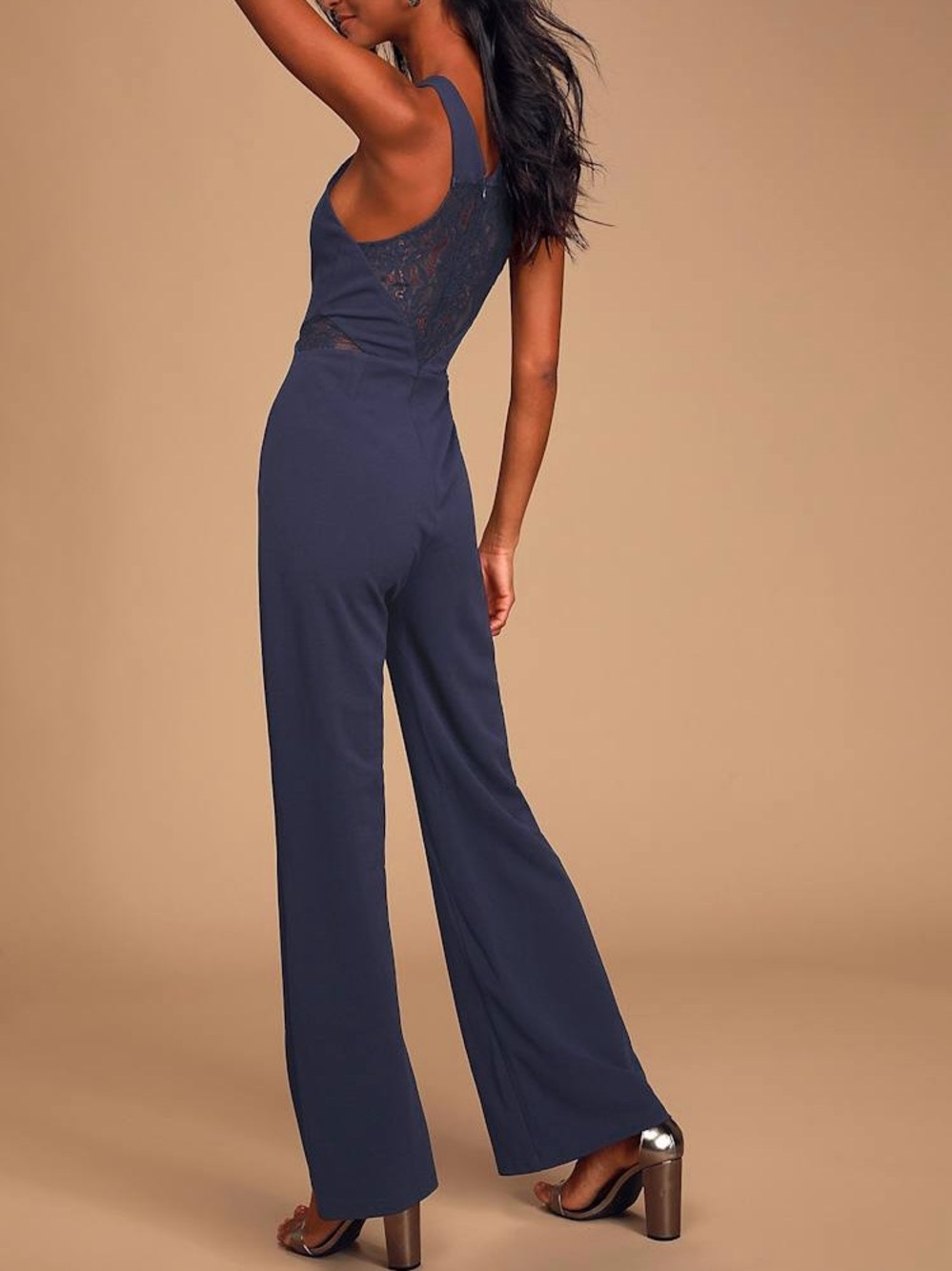 NWT Lulus Treat You Well Navy Blue Lace Halter Wide Leg Jumpsuit Size M - Picture 2 of 15